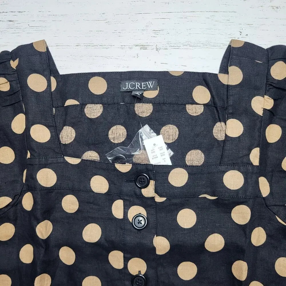 J Crew Linen Square Neck Button Down Top Black Tan Polka Dot Puff Sleeve Small